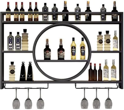 Metalen Wijnrek - Bar Planken - Wijn Opslag - Geïntegreerde Glashouder - 140x80x15 cm - Zwart