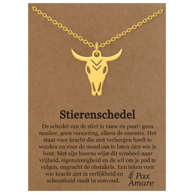 Stainless Steel Stier Schedel Ketting op Cadeau Kaartje Goudkleurig - 45cm + 5cm Verstelbaar Roestvrij Staal - Schattige Cadeau Hanger - Pax Amare