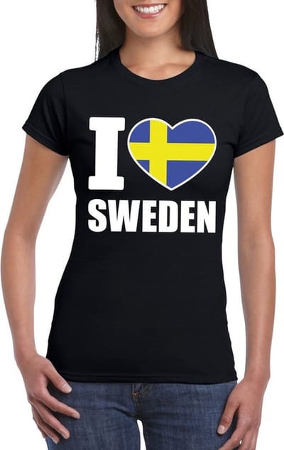Zweden supporters kleding t-shirt - voor dames - zwart - met vlag kleuren print - korte mouwen S