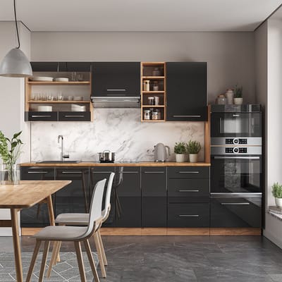 Vicco Fame-Line Complete keukeneenheid – 280 cm, WB Antraciet Antraciet hoogglans/goud eiken