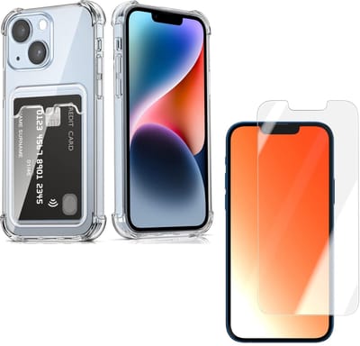 Schokbestendig TPU Hoes Kaarthouder + Screenprotector Geschikt voor: iPhone 14 - Transparant - Hoesje met Achterkant Pasjeshouder