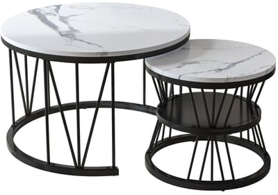 Archi Set van 2 Bijzettafels – Ronde Salontafels - Bijzettafelset - Met Marmerlook Blad – Gouden Metalen Frame – Wit/Zwart