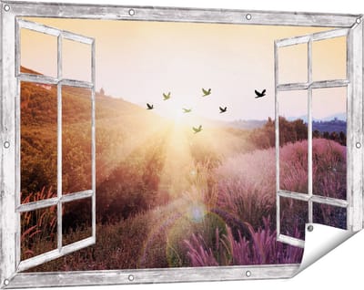 Gards Tuinposter Doorkijk Silhouet Zwerm Vogels bij Zonsondergang - 120x80 cm - Tuindoek - Tuindecoratie - Wanddecoratie buiten - Tuinschilderij