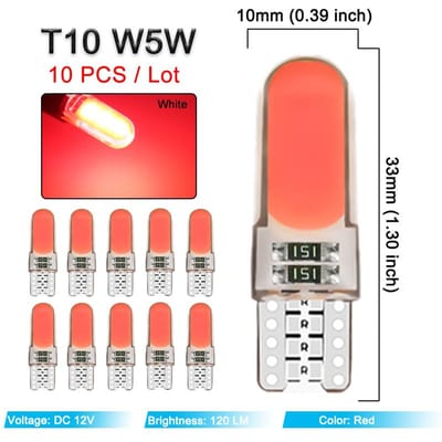 10 STUKS T10 W5W LED Lampjes COB 12V 7500K Wit Auto Wig Zijsignaal Verlichting Interieur Deur Plafond Kofferbak Kentekenplaat Lampen Siliconen T10 red