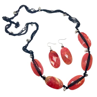 Behave - Set ketting oorbellen - Koraalrood zwart boho stijl dames