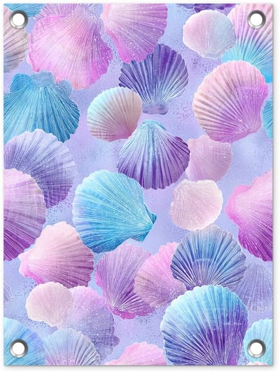 Tuinposter 30x40 cm - Tuindecoratie Schelpen - Paars - Blauw - Patroon - Poster voor in de tuin - Buiten decoratie - Schutting tuinschilderij - Tuindoek muurdecoratie - Wanddecoratie balkondoek