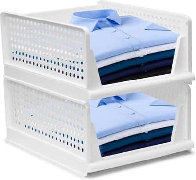 Multifunctionele Opbergmanden - 2 Stuks Stapelbare Plastic Baskets voor Kleding, Speelgoed en Badkamer - 43 x 33.5 x 18.5 cm, Ideaal voor Thuis en Kantoor