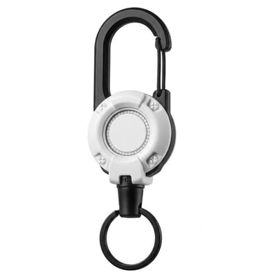Witte intrekbare outdoor sleutelhanger met karabijnhaak en sleutelring – retractable sleutelhanger voor dames en heren – compacte keychain met ronde behuizing en clip voor buitengebruik