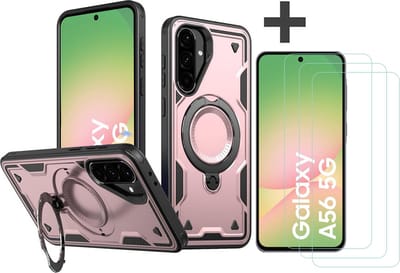 Hoesje Geschikt voor Samsung Galaxy A56 met 3 Stuks gehard glas Screenprotectors - Armor hoes met Ringhouder - Arara backcover - Rosegoud