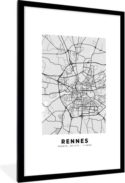 Fotolijst incl. Poster - Kaart - Stadskaart - Frankrijk - Rennes - Plattegrond - 80x120 cm - Posterlijst