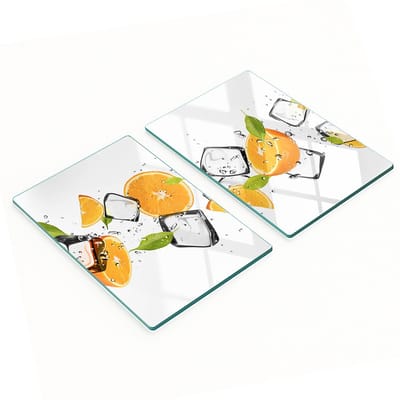 Set van twee glazen snijplanken voor in de keuken, sinaasappels met ijs, 2x40x52 cm