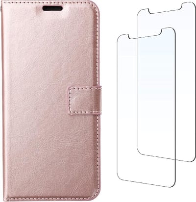 LuxeBass Boekhoesje en 2x Screenprotector geschikt voor iPhone 13 - Rosegoud - telefoonhoes - gsm hoes - telefoonhoesjes