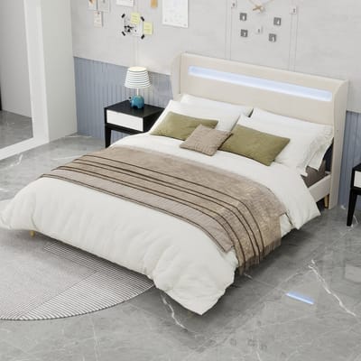 DESMIU Gestoffeerd Bed 160x200cm Met Verstelbaar Hoofdbord En Kleurrijke Ledverlichting Op Stevig Metalen Frame Voor Slaapkamer Van Beige Stof Zonder Matras