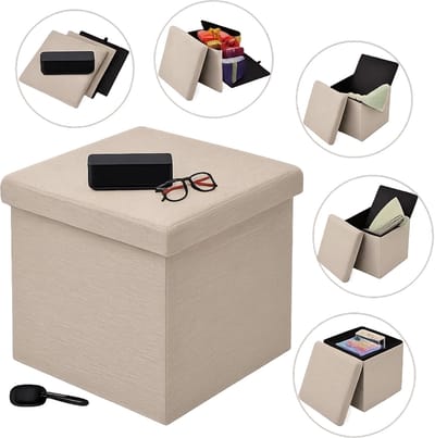 Lomera Opvouwbare Poef - Poef met Opbergruimte - Ruimtebesparend - MDF en Katoen - Beige Poef - Opbergbox - Zitkist - Hocker