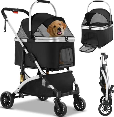 Collox Buggy – 4-Wieler - Draagbaar - Honden/katten - Afneembaar - Aluminium Frame - 98x66x56 cm - Zwart - 40kg Capaciteit