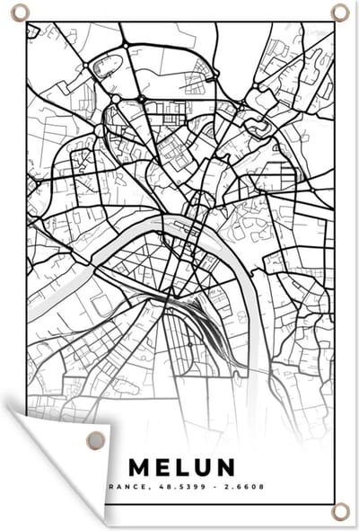 Muurdecoratie Frankrijk - Stadskaart - Plattegrond - Kaart - Melun - Zwart wit - 120x180 cm - Tuinposter - Tuindoek