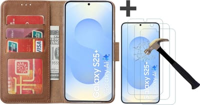 Hoesje met 3 Stuks Screenprotectors Geschikt voor Samsung Galaxy S25 Plus – Arara bookcase met pasjeshouder - Bruin