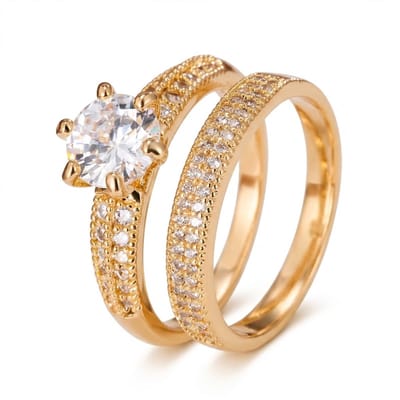 Wit goudkleurige ring set dames maat 6 met steen ronde transparante steen eternity band ring 2 delige ring set 6 klauwzetting pavé ring met transparante stenen