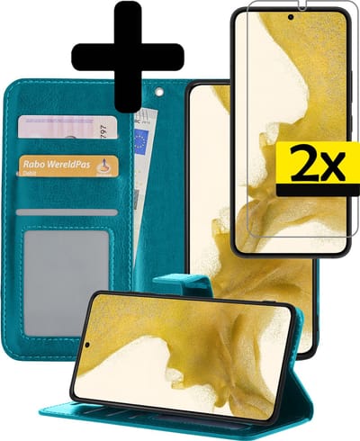 Hoesje - Met 2x Screenprotector - Geschikt voor Samsung Galaxy S22 - Luxe Pasjeshouder - Bookcase Portemonee - Flip Case - Kunstleer Book Case - Flipcase Hoes - Book Cover - Walletcase - Portemonneehoes - Telefoonhoesjes - Turquoise