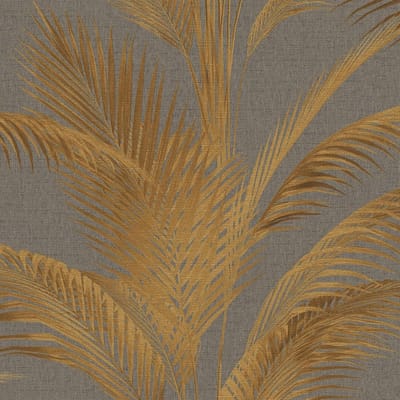 Natuur behang Profhome 399804-GU vliesbehang hardvinyl warmdruk in reliëf licht gestructureerd met palmen en metallic effect grijs goud honinggeel 5,33 m2