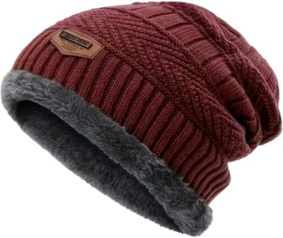 Fleece-gevoerde gebreide beanie - Unisex - One Size - Wintermuts - Muts - Warm - Rekbaar - Winddicht - Bordeauxrood