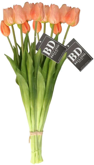 Bellatio Design Kunst tulpen boeket Sally - 14x stuks - zalm kleur - real touch - 47 cm