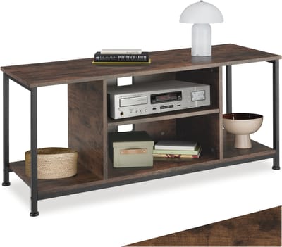 tectake® TV-meubel met 4 open vakken - Lowboard voor TV's tot 70 inch - Houten TV-dressoir met kabeluitsparingen - Industrieel design - Zwart metalen frame - Afmeting (LxBxH) 110 x 40 x 50,5 cm - Donkerbruin
