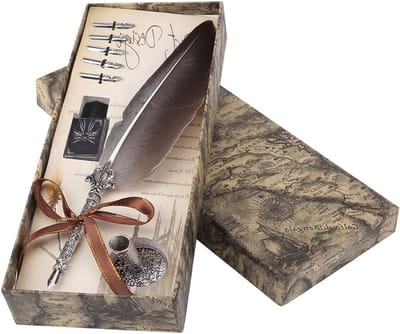 Vintage Calligraphy Pen Set met Veer en Inktfles - Perfect voor Beginners en Kinderen, Antieke Schrijfpen met 5 Veertjes voor Creatieve Projecten