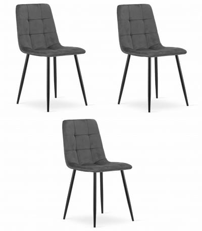 Set van 3 Eetkamerstoelen KARA Donkergrijs – Velvet Bekleding, Ergonomisch Design, Zwarte Metalen Poten, Comfortabele Zitting, Max. 120 kg