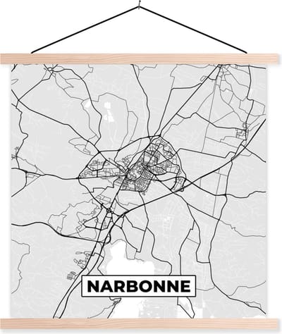 Posterhanger incl. Poster 40x40 cm - Schoolplaat - Frankrijk - Plattegrond - Kaart - Narbonne - Stadskaart - Textielposter - Blanke latten - Stadskaart