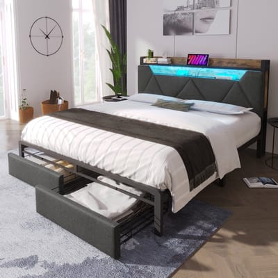 Sweiko Gestoffeerd bed met USB C-type oplaadfunctie, LED verlichting, opbergruimte hoofd en lade, eenpersoonsbed 140 x 200cm, opbergbed, metalen frame, bedplaats met platte noedelsvoet, Donkergrijs (geen matras)
