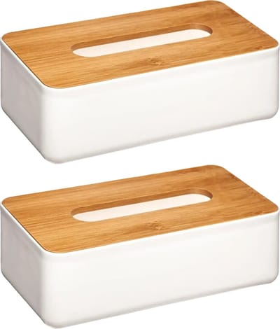 Zakdoekhouders/tissueboxen - 2x stuks - 26 x 13 cm - wit - bamboe deksel - kunststof