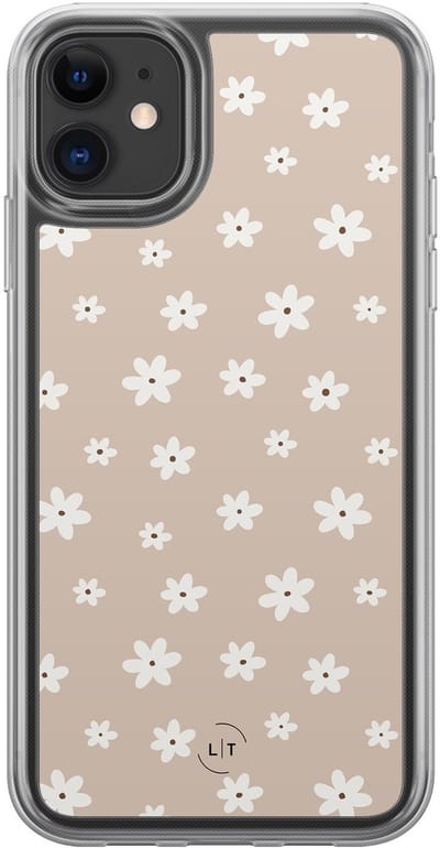 Hoesje geschikt voor iPhone 11 - Cute flowers - 2in1 backcover - Bloemen - Beige - Leuke Telefoonhoesjes