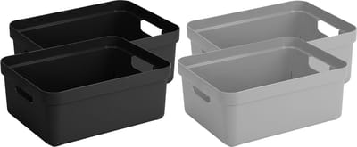 Set van 4x stuks opbergboxen/opbergmanden 24 liter kunststof zwart en grijs - Formaat per box: 45,3 x 35,4 x 18,3 cm