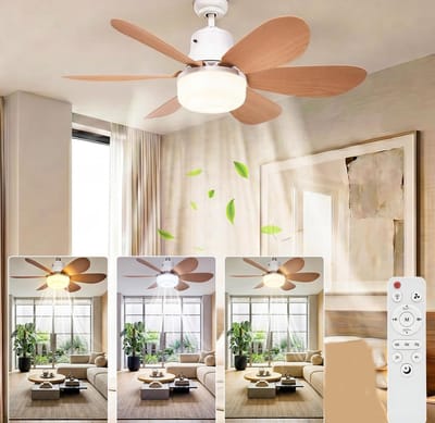 1 Plafondventilator met verlichting en afstandsbediening - 40W - 3 windsnelheden - 6 bladen - Dimbaar - Stille werking - Geschikt voor woonkamers en slaapkamers - Bladen met houtnerf