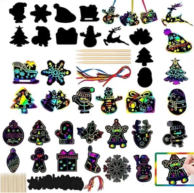 Kerstdecoratie Set met Scratch Art Sneeuwvlokken - 24 Stukken Creatief Knutselpapier met Houten Pennen en Tape voor Feestelijke Activiteiten en Kinderen