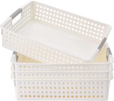 Set van 4 Plastic Opbergmanden - Rechthoekige Shallow Baskets voor Woonkamer, Kantoor en Badkamer - 35 x 25 x 10 cm (Wit)