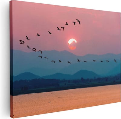 Artaza Canvas Schilderij Zonsondergang - 40x30 cm - Klein - Wanddecoratie Vogels - Muurdecoratie Woonkamer - Kamer Accessoires Natuur