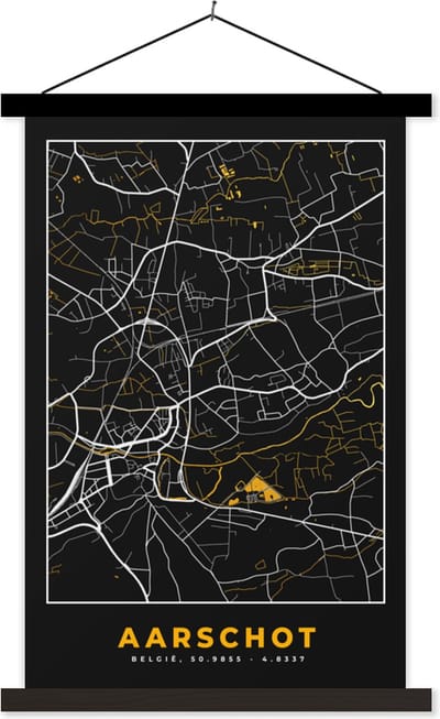 Posterhanger incl. Poster 40x60 cm - Schoolplaat - Plattegrond - Kaart - Aarschot - Goud - Textielposter - Zwarte latten - Stadskaart