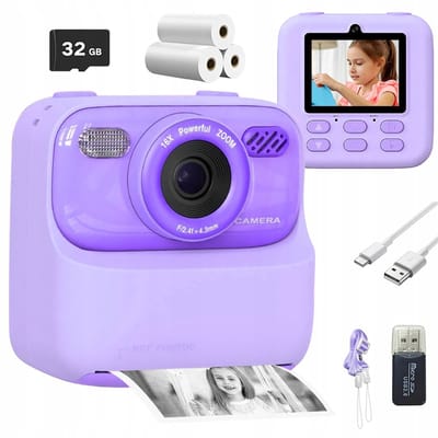 Kids Print Camera - Multifunctionele digitale camera - Paars - Direct printen - 32 GB geheugen - Groot 2,4 inch scherm - 1080P - Perfect cadeau
