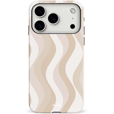 xoxo Wildhearts Minimal Nude - Double Layer - Hardcase geschikt voor iPhone 17 Pro hoesje - Siliconen hoesje met golven print - Dubbele beschermlaag - Beschermhoes met print - Wit / Beige / Bruin