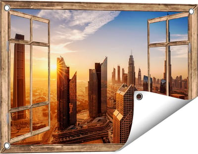 Gards Tuinposter Doorkijk Dubai Stad bij Zonsopgang - 60x40 cm - Tuindoek - Tuindecoratie - Wanddecoratie buiten - Tuinschilderij