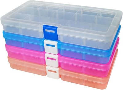 Plastic Opbergdoos met Verstelbare Compartimenten, Assortimentdoos voor Sieraden en Gereedschap (15 Vakken, 4 Stuks, 4 Kleuren)