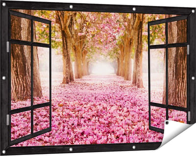Gards Tuinposter Doorkijk Romantische Bomen Tunnel met Roze Anjers - 120x80 cm - Tuindoek - Tuindecoratie - Wanddecoratie buiten - Tuinschilderij