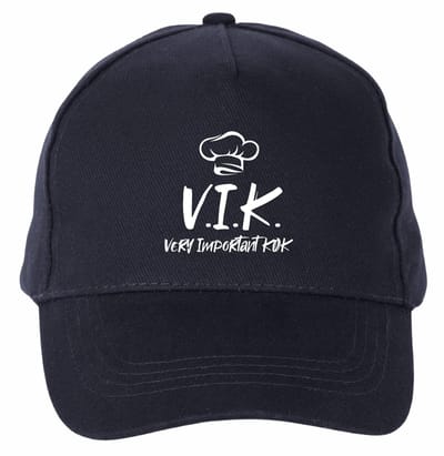 Mijncadeautje - 5 panel - Cap - Verstelbaar - Pet van 100% dik geborsteld katoen- unisex - opdruk wit - V.I.K. Very important Kok - navy blauw