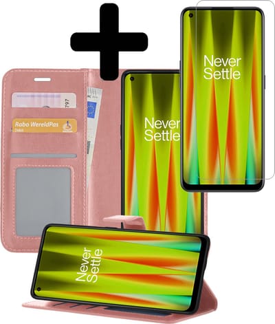 Hoesje - Met Screenprotector - Geschikt voor OnePlus Nord CE 2 - Luxe Pasjeshouder - Bookcase Portemonee - Flip Case - Kunstleer Book Case - Flipcase - Book Cover - Walletcase - Portemonneehoes - Telefoonhoesjes - Rosé goud