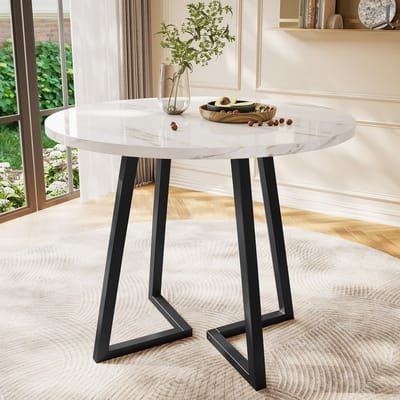 DESMIU Ronde Eettafel Met Marmerlook En Stevig Metalen Onderstel Voor Keuken, Eetkamer, Woonkamer En Kantoor, Wit, 80 Cm