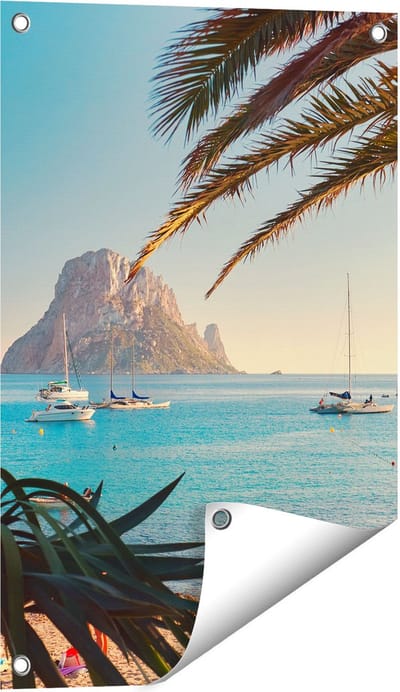 Gards Tuinposter Ibiza Cala d'Hort Strand - 40x60 cm - Tuindoek - Tuindecoratie - Wanddecoratie buiten - Tuinschilderij