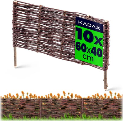 KADAX Palissade van wilgentenen, natuurlijk wilgenhek, handgemaakt wilgenvlechthek, tuinhek voor paden en bloembedden, omheining gazonrand (10 stuks 60 x 40 cm)