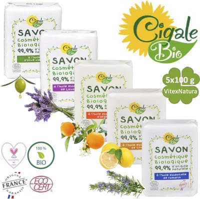 Cigale Bio 5x100g Biologische essentiële rozemarijn, citroen, sinaasappel, lavendel, olijf olie zeep. Zonder conserveermiddel - kleur